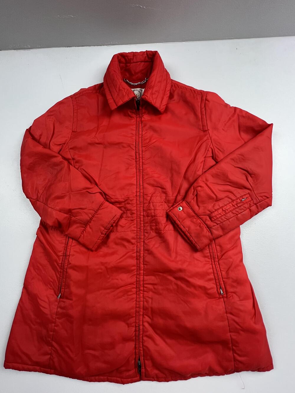 Vintage Russ Coat Womens Red Belted Nylon Puffer Zip Pockets Hong Kong Read